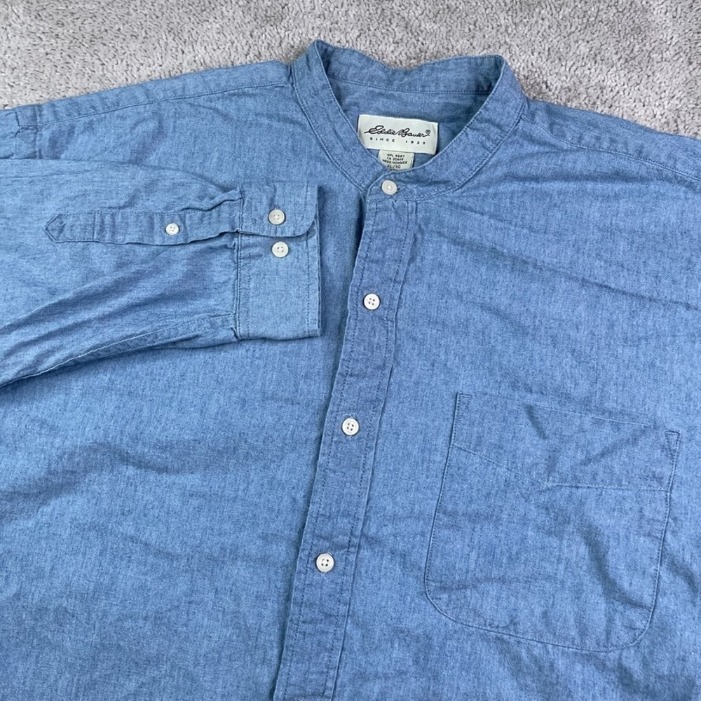 Vintage Eddie Bauer Shirt Mens XL Blue Chambray Cotton Band Collar 90s Y2K